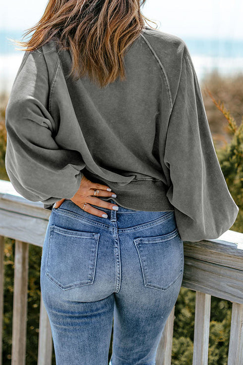 Lantern Sleeve Snap Button Placket Washed Pullover Casual Round Neck Sweatshirt